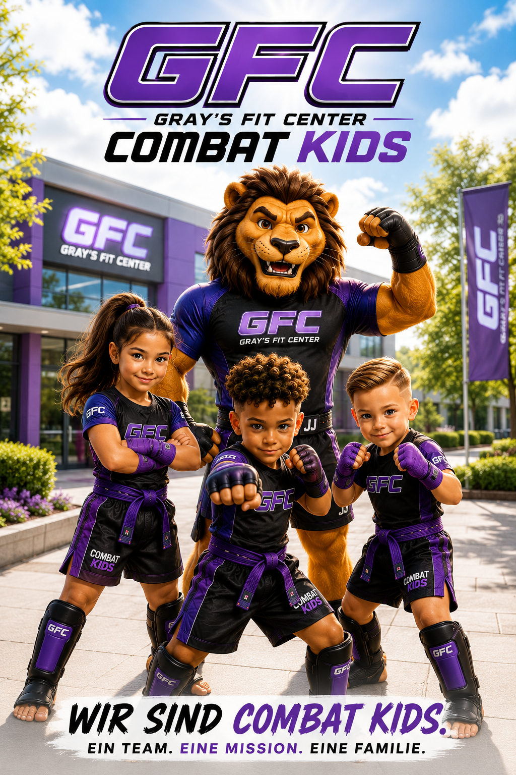 JJ der Löwe mit drei Combat Kids vor dem Gray's Fit Center