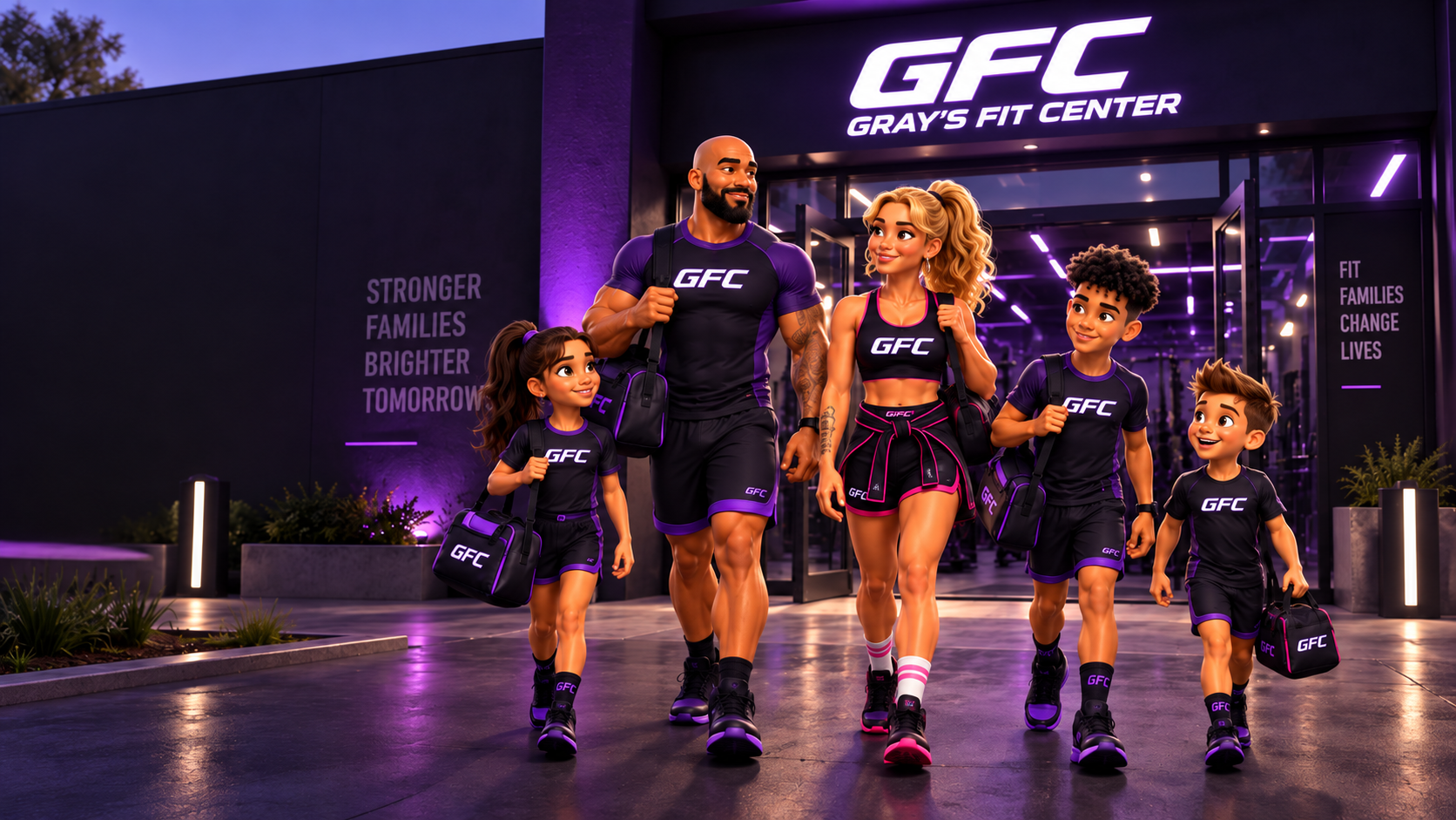 Veronica und Jermaine Gray gehen mit ihren Kindern und Sporttaschen zum Gray's Fit Center
