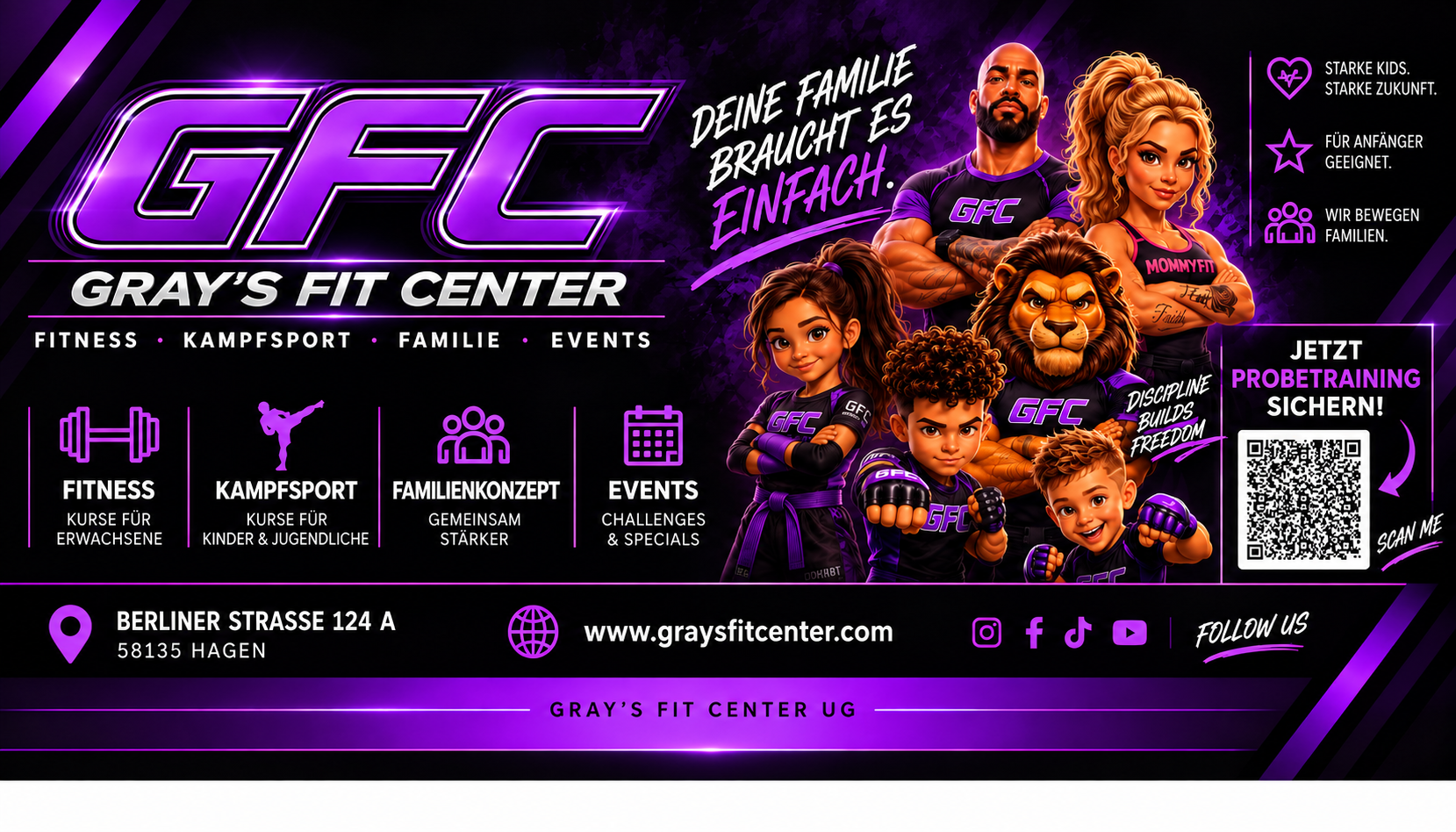 Gray's Fit Center – Familienbanner mit Veronica, Jermaine Gray, den Kids, JJ dem Löwen, Slogan, Adresse und QR-Code zum Probetraining